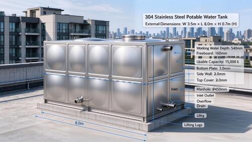 กรณี บริษัท ล่าสุดเกี่ยวกับ 15,000L 304 Stainless Steel Potable Water Tank for Commercial Apartment Rooftop Water Supply