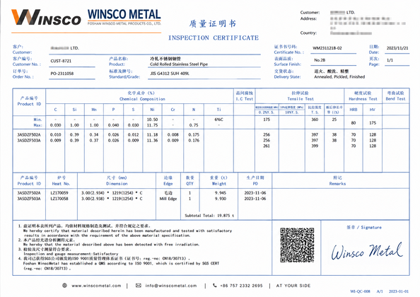 ประเทศจีน (GuangDong)Foshan Winsco Metal Products Co., Ltd. รับรอง