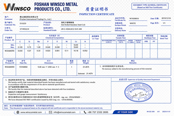 ประเทศจีน (GuangDong)Foshan Winsco Metal Products Co., Ltd. รับรอง