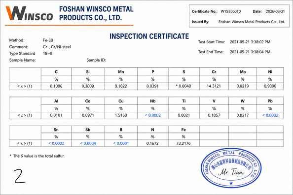 ประเทศจีน (GuangDong)Foshan Winsco Metal Products Co., Ltd. รับรอง