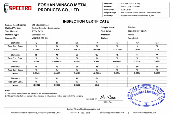 ประเทศจีน (GuangDong)Foshan Winsco Metal Products Co., Ltd. รับรอง