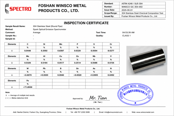 ประเทศจีน (GuangDong)Foshan Winsco Metal Products Co., Ltd. รับรอง