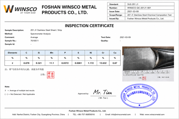 ประเทศจีน (GuangDong)Foshan Winsco Metal Products Co., Ltd. รับรอง