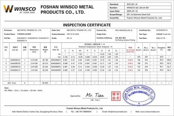 ประเทศจีน (GuangDong)Foshan Winsco Metal Products Co., Ltd. รับรอง