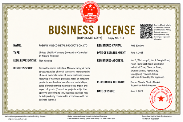 ประเทศจีน (GuangDong)Foshan Winsco Metal Products Co., Ltd. รับรอง